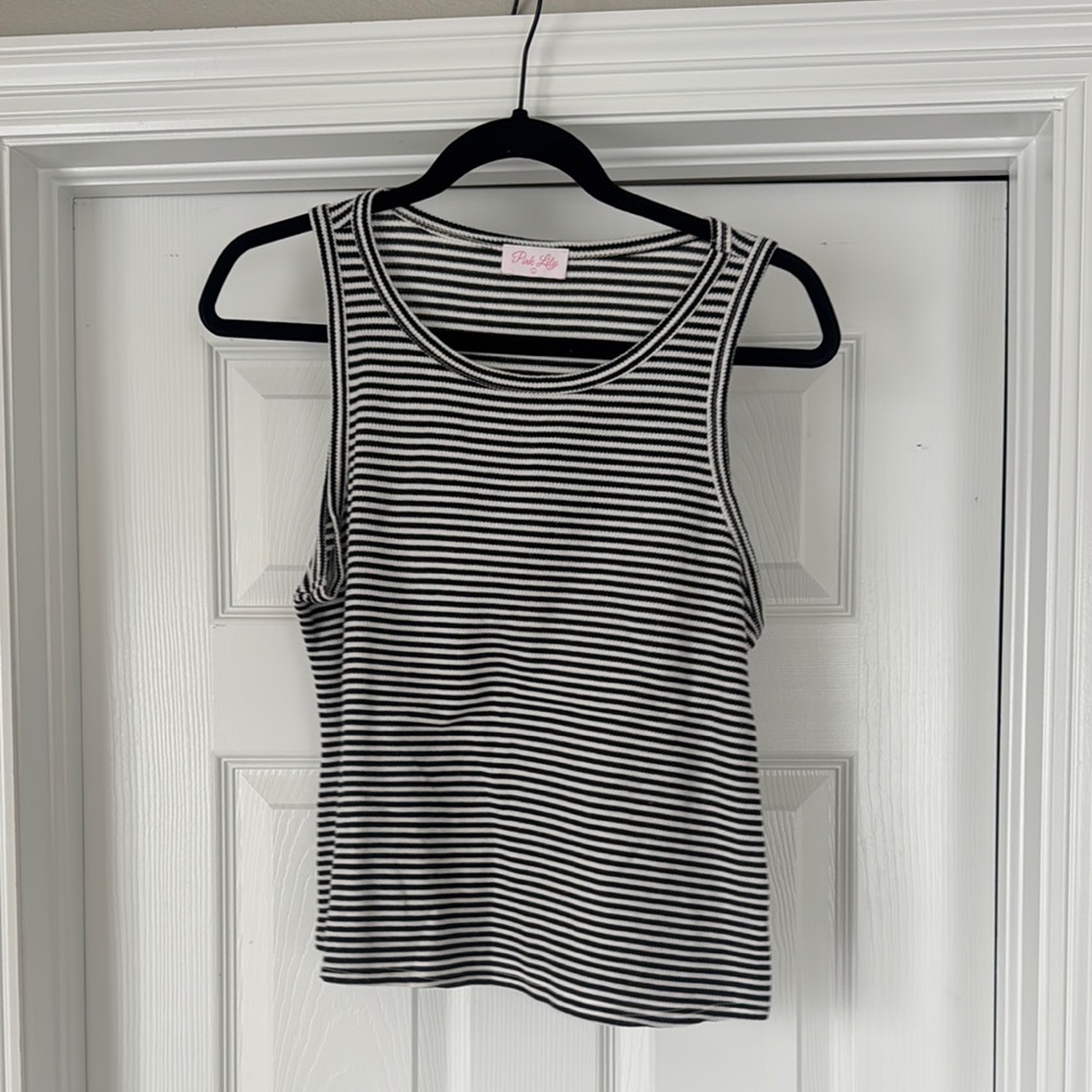 Pink Lily Fitted Ribbed Black and White Tank Top